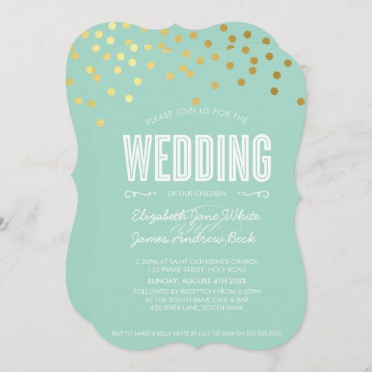 可愛結婚い金ゴールドフォイル紙吹雪パステルはっきりしたミント 招待状 (正面/裏面)