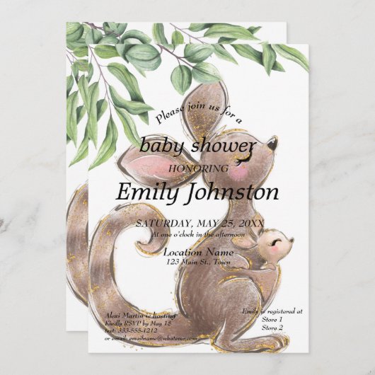 可愛絵を描いカンガルー男女兼用の赤ちゃん 招待状 (正面/裏面)