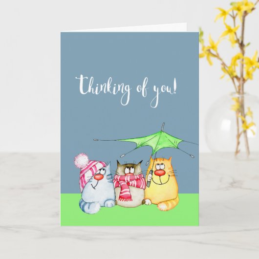 可愛考えるい3匹の猫 カード (黄色い花)