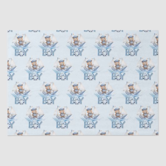 可愛航海のいテディベア青いボート少年 薄葉紙 (正面)