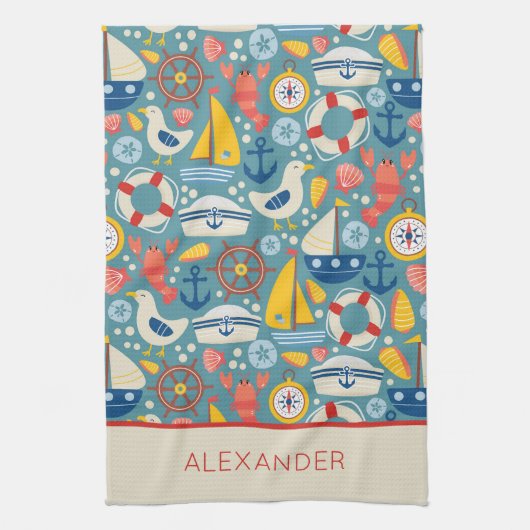 可愛航海のい海パーソナライズされた生 キッチンタオル (縦)