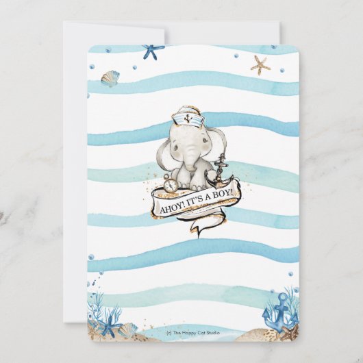 可愛航海のい象アホイ男の子のシャワー 招待状 (裏面)