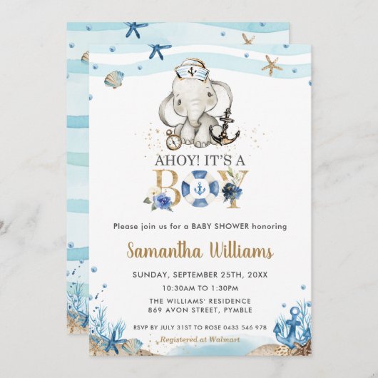 可愛航海のい象アホイ男の子のシャワー 招待状 (正面/裏面)