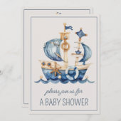 可愛航海のい青い帆船パーソナライズされた 招待状 (正面/裏面)