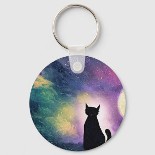 可愛芸術的い猫の月と銀河系星紫 キーホルダー