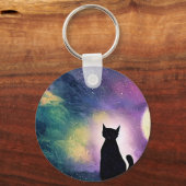 可愛芸術的い猫の月と銀河系星紫 キーホルダー (正面)