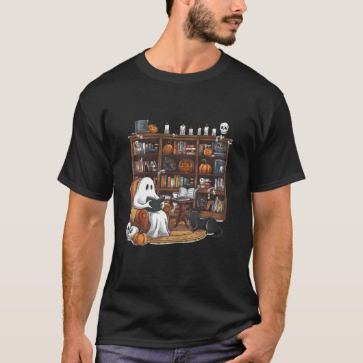 可愛読い幽霊の黒猫ハロウィン本 Tシャツ (正面)