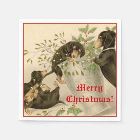 可愛遊いダシュント犬とヤドリギヴィンテージ スタンダードカクテルナプキン (正面)