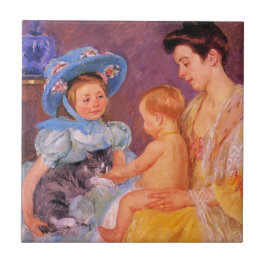 可愛遊い子猫を飼っている子ども(Mary Cassatt) タイル