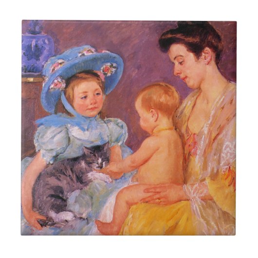 可愛遊い子猫を飼っている子ども(Mary Cassatt) タイル (正面)
