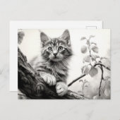 可愛遊い子猫 – 白黒スケッチアート ポストカード (正面/裏面)