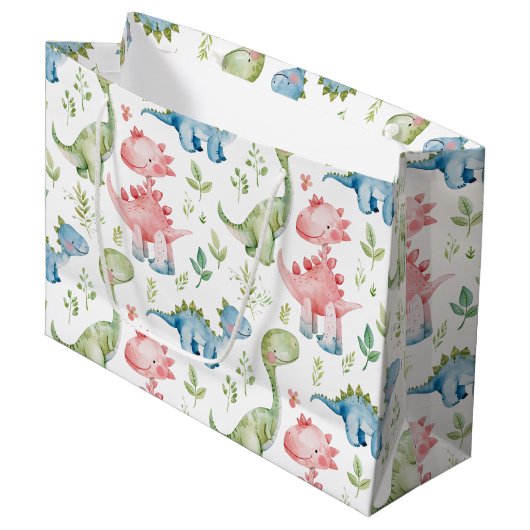 可愛遊い恐竜子供の誕生日 ラージペーパーバッグ (正面アングル)