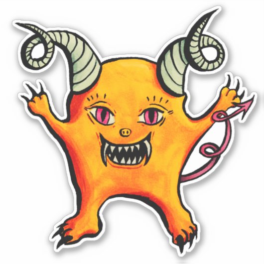 可愛風変わりい角の小さな悪魔の生き物 シール (正面)