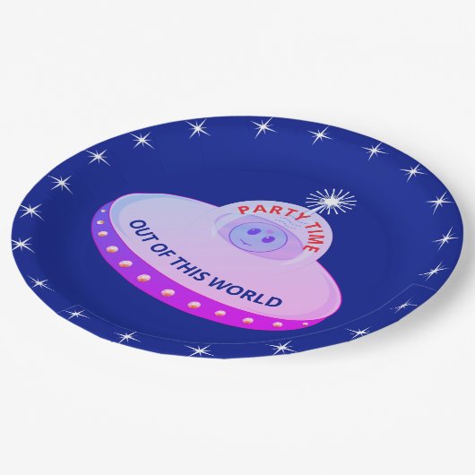 可愛飛んでいるいソーサー、エイリアン&スター王室のブルー ペーパープレート (アングル)