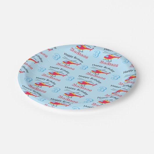 可愛飛んでいるいヘリコプター誕生日名&年齢 ペーパープレート (アングル)