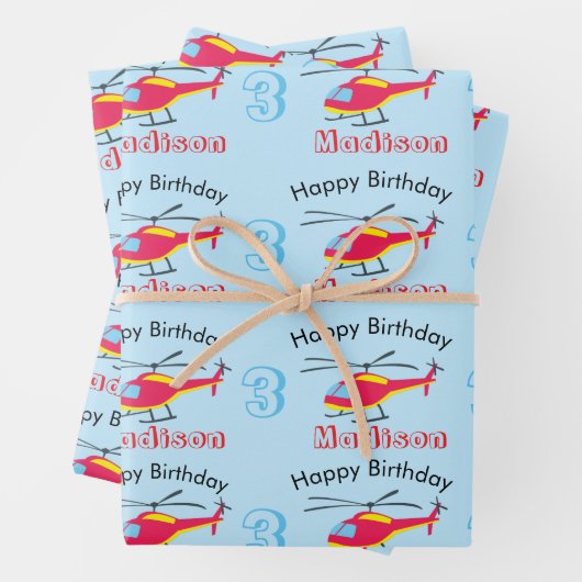 可愛飛んでいるいヘリコプター誕生日名&年齢 ラッピングペーパーシート (インサイチュ)