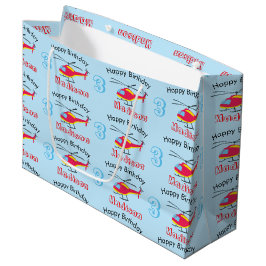 可愛飛んでいるいヘリコプター誕生日名&年齢 ラージペーパーバッグ