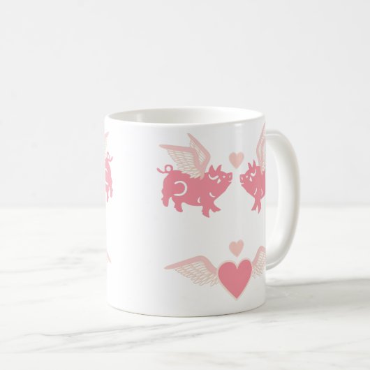 可愛飛んでいるい羽キスをする付きピンクの豚ハート コーヒーマグカップ (正面右)