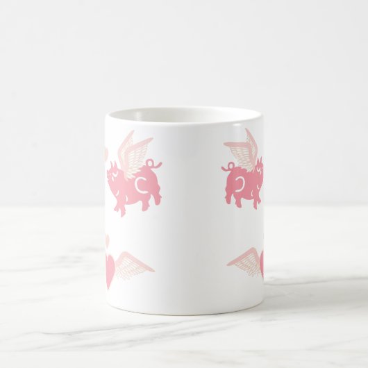 可愛飛んでいるい羽キスをする付きピンクの豚ハート コーヒーマグカップ (中央)