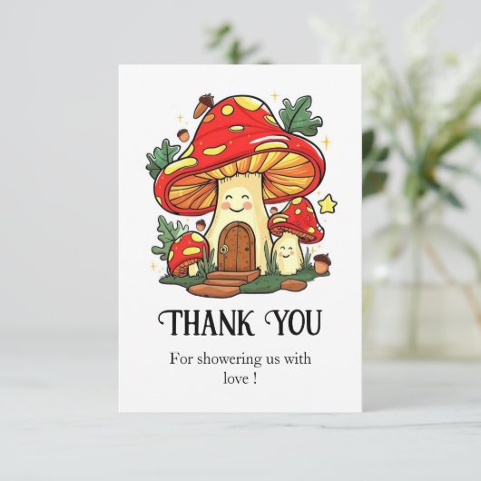 可愛魅力的いキノコの赤ちゃんシャワー サンキューカード (スタンド正面)