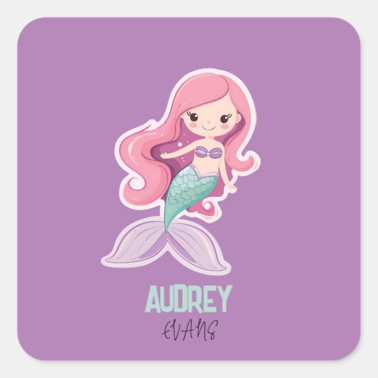 可愛魅力的いパステルマーメイドとキッズ名 スクエアシール (正面)
