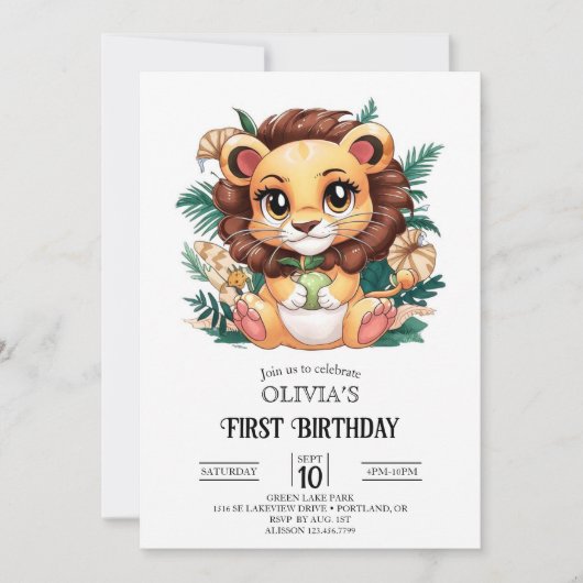 可愛魅力的いライオン1歳の誕生日デジタル 招待状 (正面)