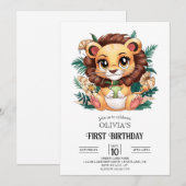 可愛魅力的いライオン1歳の誕生日デジタル 招待状 (正面/裏面)