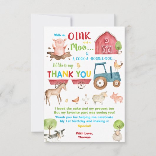 可愛鮮やかい納屋周囲の庭ファームアニマルバースデーパーティー サンキューカード (正面)
