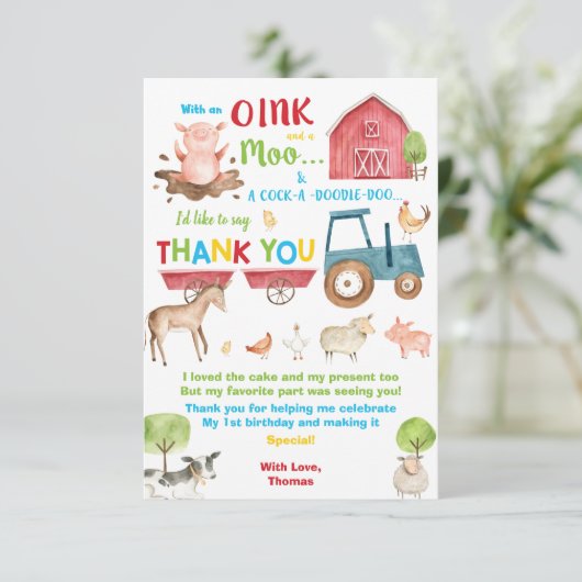 可愛鮮やかい納屋周囲の庭ファームアニマルバースデーパーティー サンキューカード (スタンド正面)