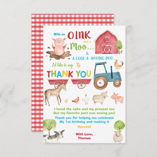 可愛鮮やかい納屋周囲の庭ファームアニマルバースデーパーティー サンキューカード (正面/裏面)
