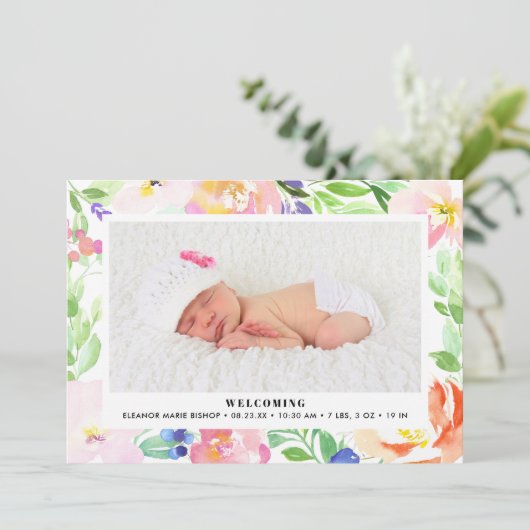 可憐な水彩画花フレームの誕生の発表 案内状 (スタンド正面)