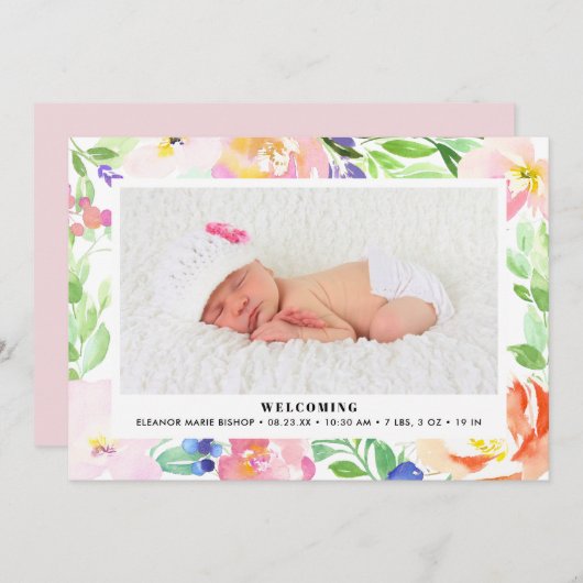 可憐な水彩画花フレームの誕生の発表 案内状 (正面/裏面)