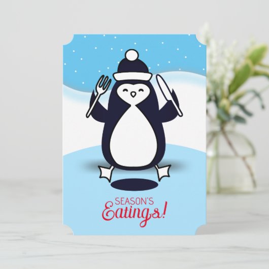 台所からのペンギンのフォークの魚釣りのクリスマスの シーズンカード (スタンド正面)