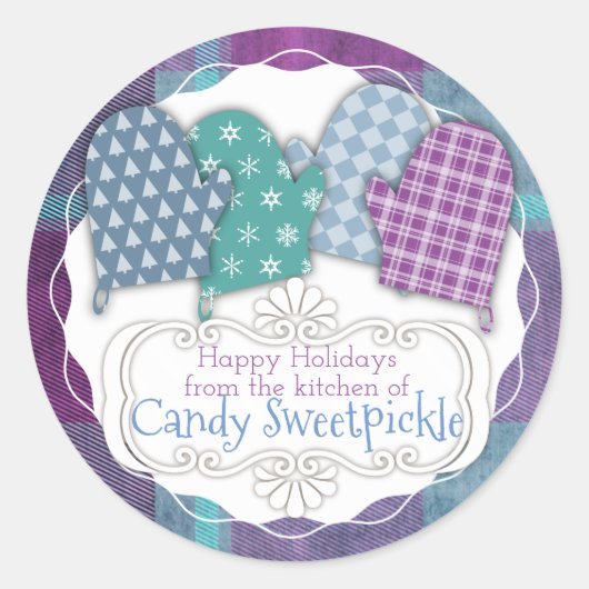 台所からクリスマスをミトンにした格子状のオーブン ラウンドシール (正面)