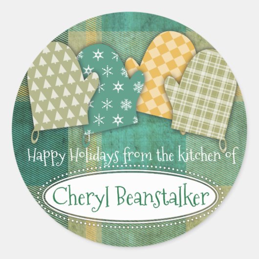 台所からクリスマスをミトンにした格子状のオーブン ラウンドシール (正面)