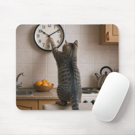 台所の時計の針をいじくるトラ猫 マウスパッド (マウス)