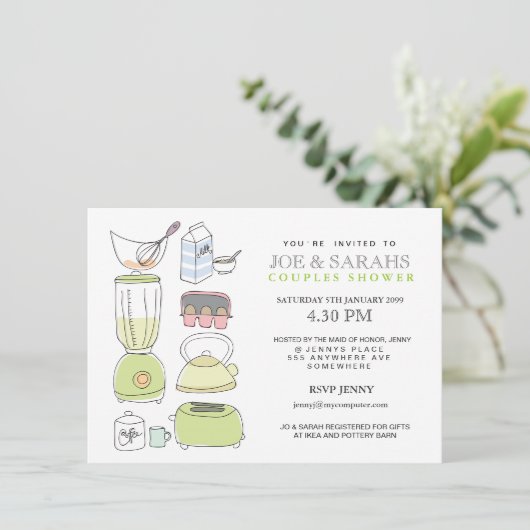 台所カップルのブライダル・シャワーの招待に貯蔵して下さい 招待状 (スタンド正面)