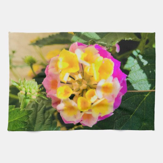 台所タオルのピンクおよび黄色い花の植物 キッチンタオル (横)