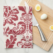 台所タオルの…赤と白のダマスク織 キッチンタオル (四つ折り)