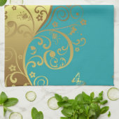 台所タオル--ティール（緑がかった色）及び金ゴールドの渦巻 キッチンタオル (折り畳み)