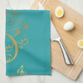 台所タオル--ティール（緑がかった色）及び金ゴールドの渦巻 キッチンタオル (四つ折り)