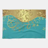 台所タオル--ティール（緑がかった色）及び金ゴールドの渦巻 キッチンタオル (横)