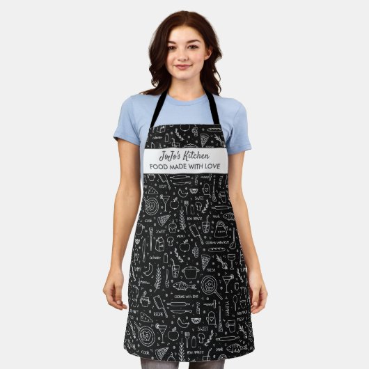 台所用具食品型名前をカスタムする黒 エプロン (着用した状態)
