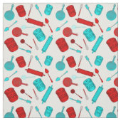 台所用品の模様-赤と水色（白） ファブリック (見本)