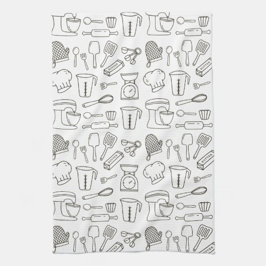 台所用品白黒のドードル模様 キッチンタオル (縦)