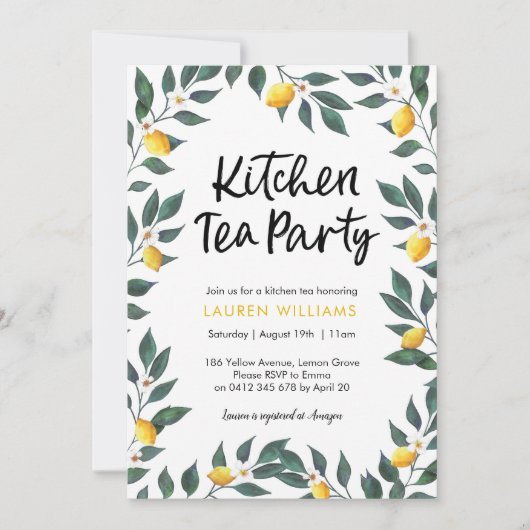 台所茶パーティの招待状のレモンの木の葉 招待状 (正面)
