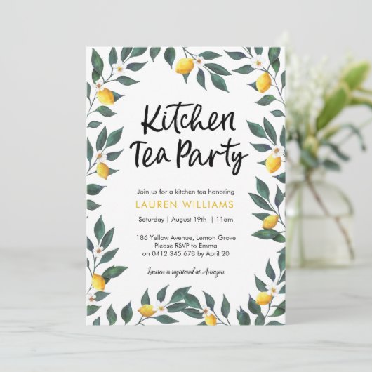 台所茶パーティの招待状のレモンの木の葉 招待状 (スタンド正面)