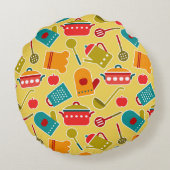 台所道具のカラフルなパターン ラウンドクッション (裏面)