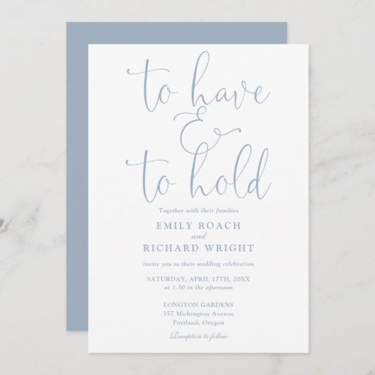 台本をダスティブルーに挟ま結婚れる 招待状 (正面/裏面)