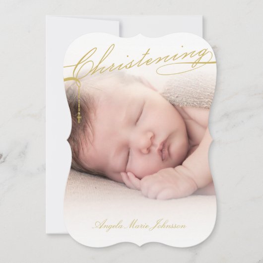 台本付き《キリスト教》洗礼式や命名式金ゴールドクロスフォト宗教的 招待状 (正面)